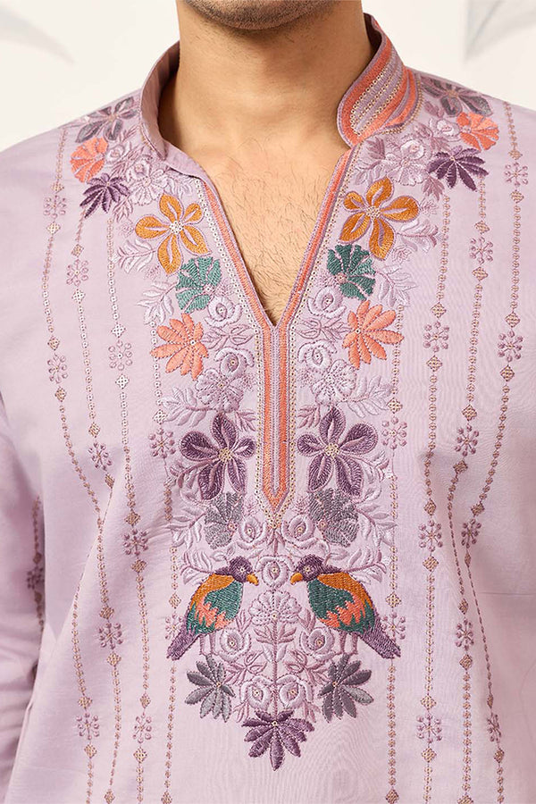 Lavender Silk Blend Embroidered Straight Kurta With Trousers MKSET2399