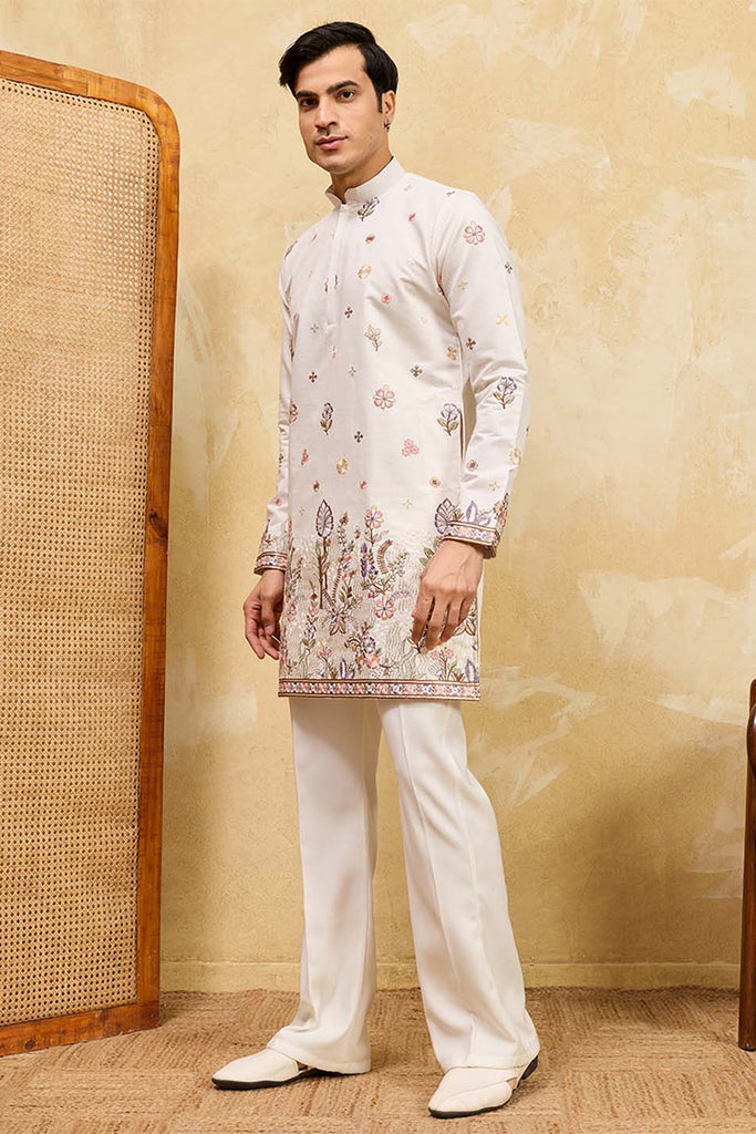 White Silk Blend Embroidered Straight Kurta Sets MKSET2403