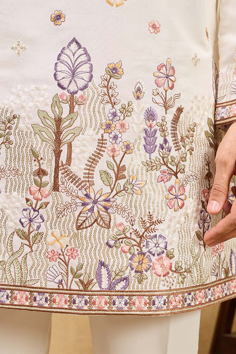 White Silk Blend Embroidered Straight Kurta Sets MKSET2403