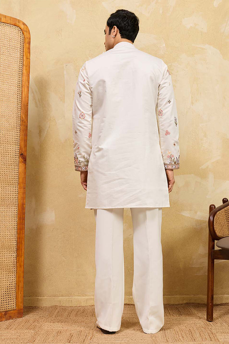 White Silk Blend Embroidered Straight Kurta Sets MKSET2403