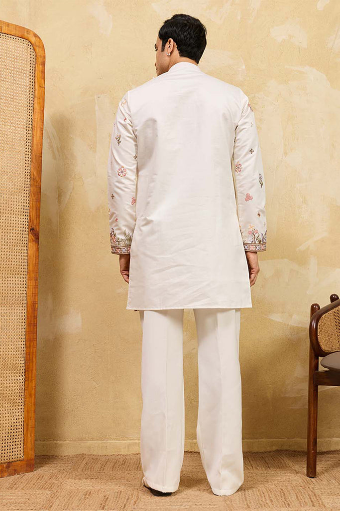 White Silk Blend Embroidered Straight Kurta Sets MKSET2403