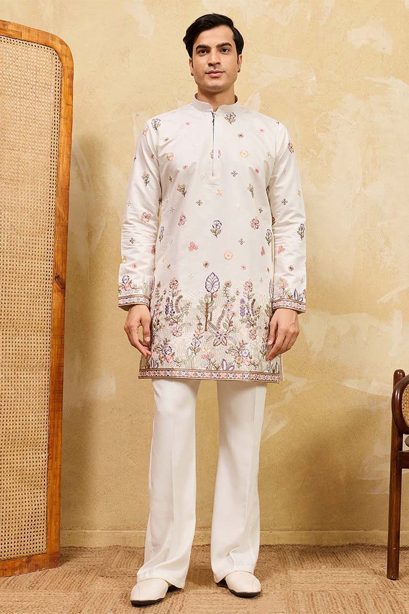 White Silk Blend Embroidered Straight Kurta Sets MKSET2403