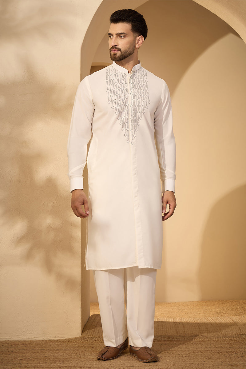 White Silk Blend Embroidered Solid Mens Kurta With Trouser MKSET2452
