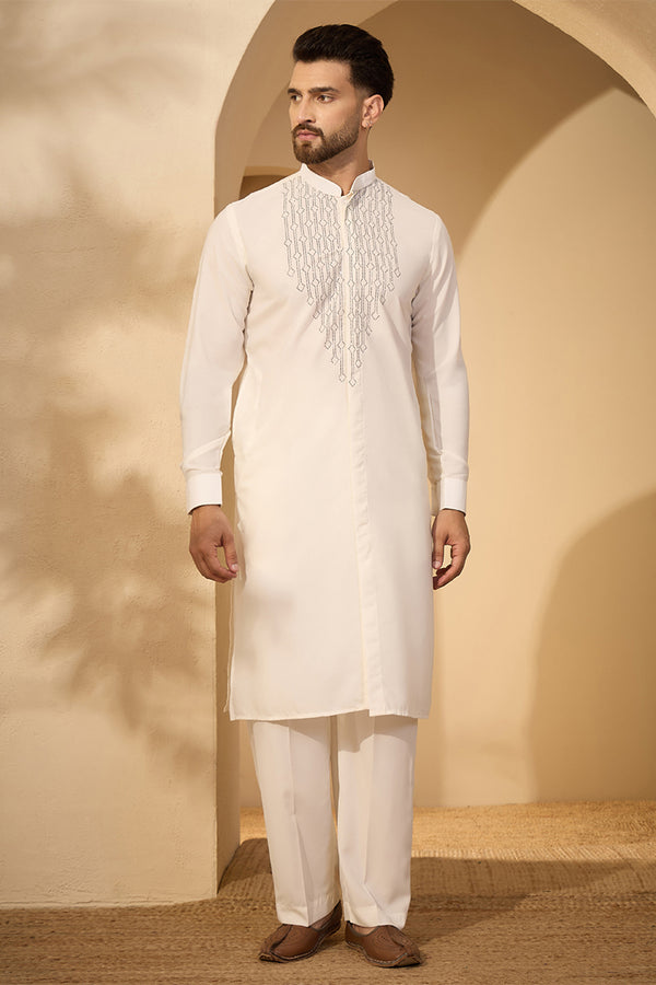 White Silk Blend Embroidered Solid Mens Kurta With Trouser MKSET2452
