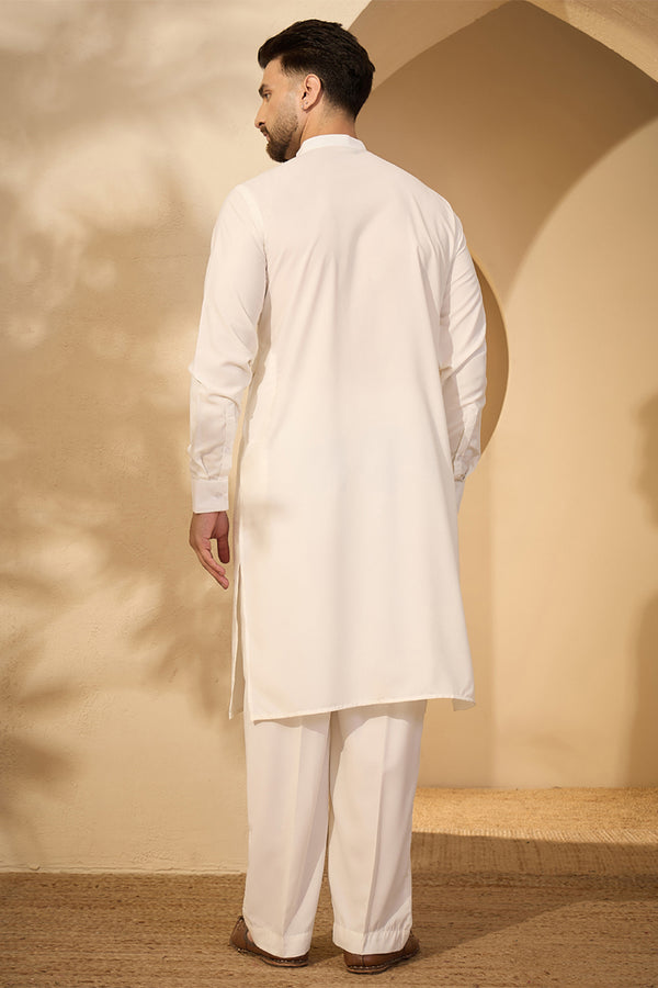 White Silk Blend Embroidered Solid Mens Kurta With Trouser MKSET2452