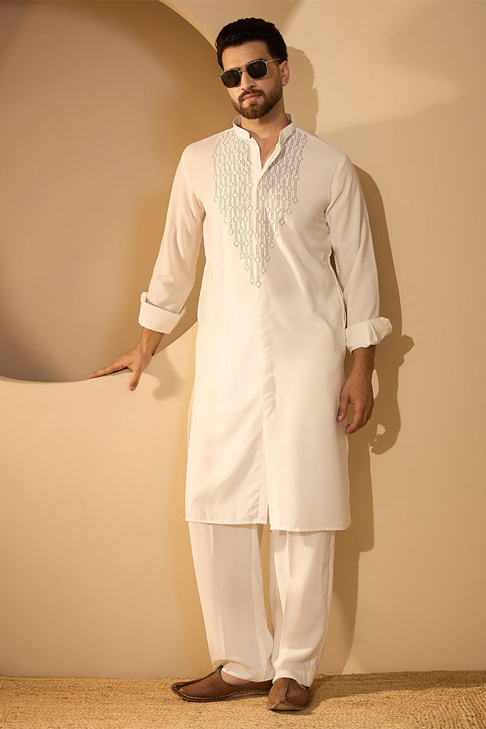 White Silk Blend Embroidered Solid Mens Kurta With Trouser MKSET2452