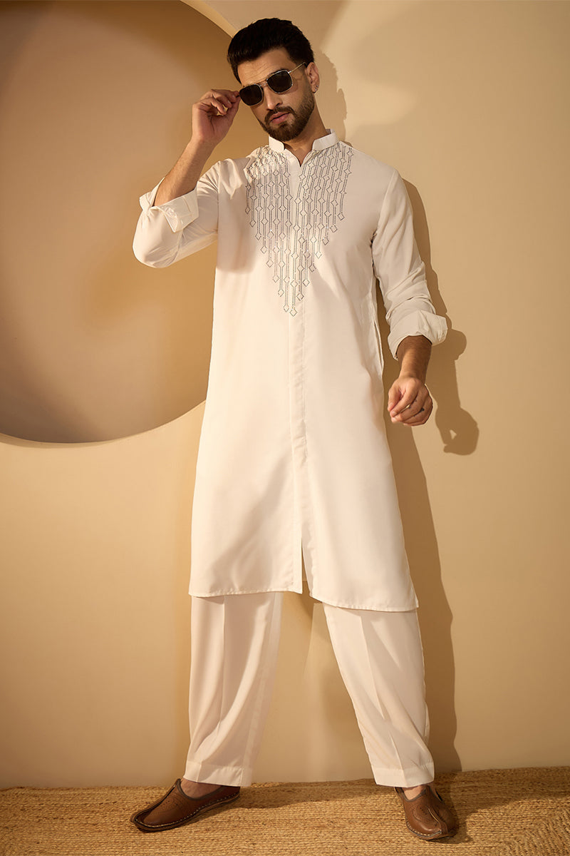 White Silk Blend Embroidered Solid Mens Kurta With Trouser MKSET2452
