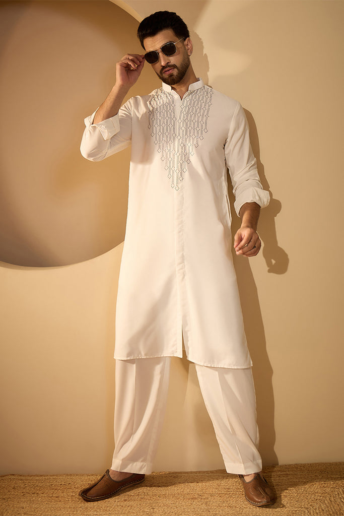 White Silk Blend Embroidered Solid Mens Kurta With Trouser MKSET2452