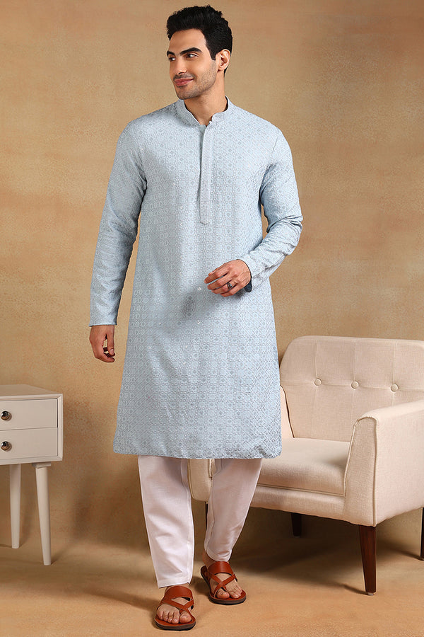 Blue Viscose Rayon Solid Embroidered Straight Kurta For Men MKU1001BLU