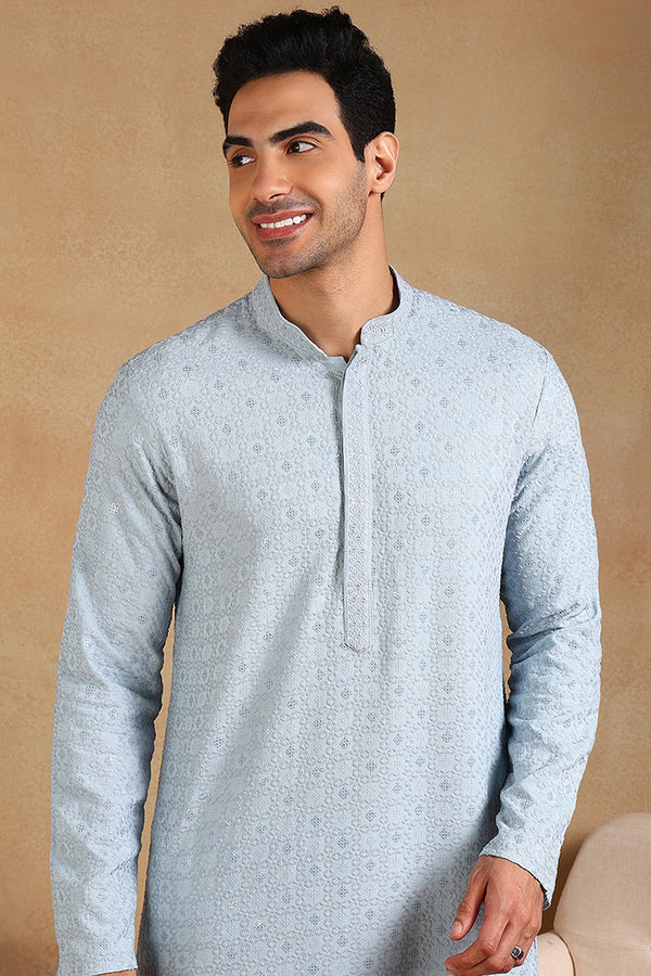 Blue Viscose Rayon Solid Embroidered Straight Kurta For Men MKU1001BLU