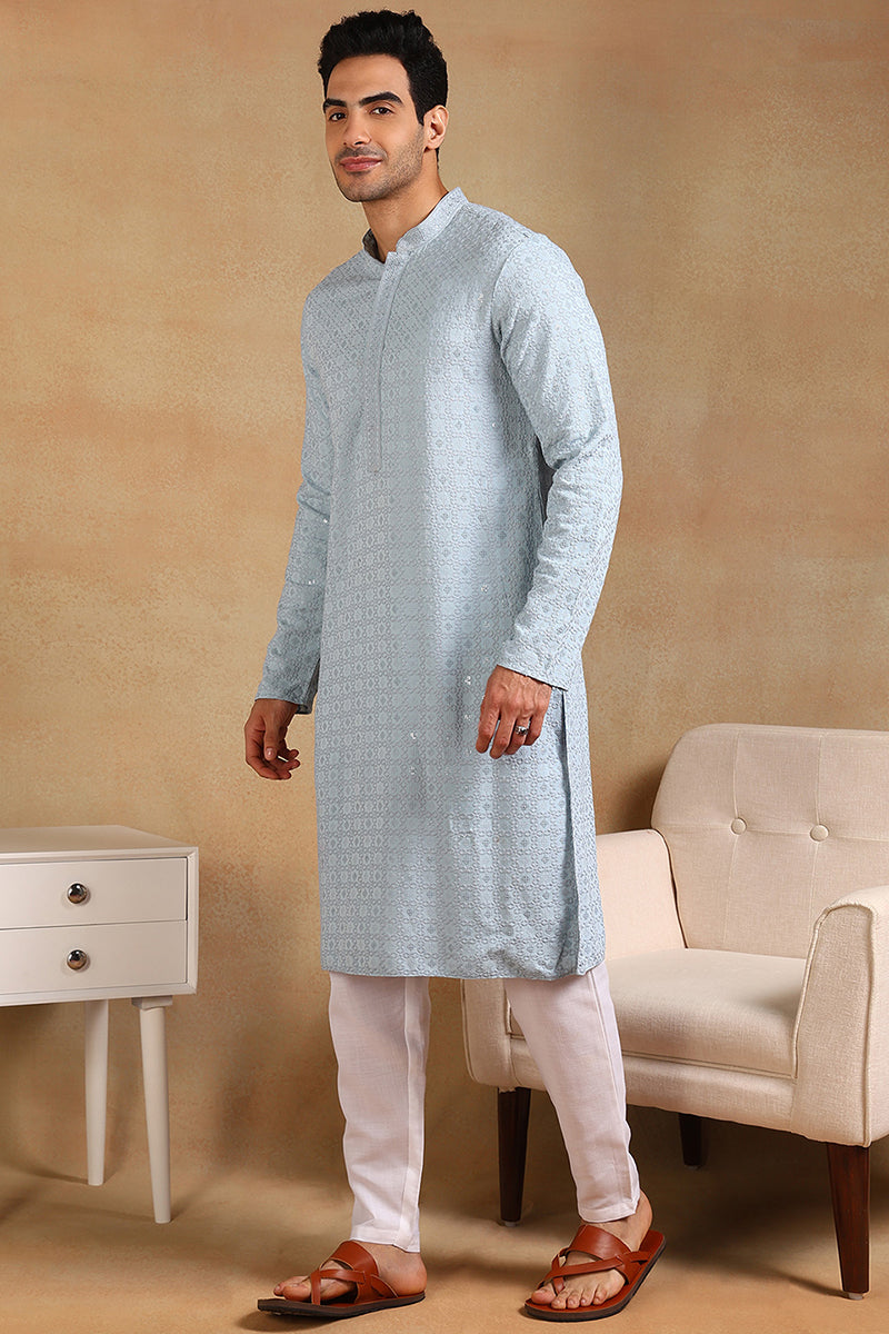 Ethnic Bay Blue Viscose Rayon Solid Embroidered Straight Kurta For Men MKU1001BLU