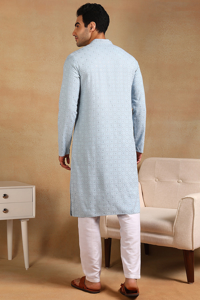 Ethnic Bay Blue Viscose Rayon Solid Embroidered Straight Kurta For Men MKU1001BLU