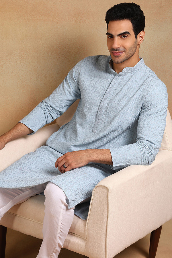 Blue Viscose Rayon Solid Embroidered Straight Kurta For Men MKU1001BLU