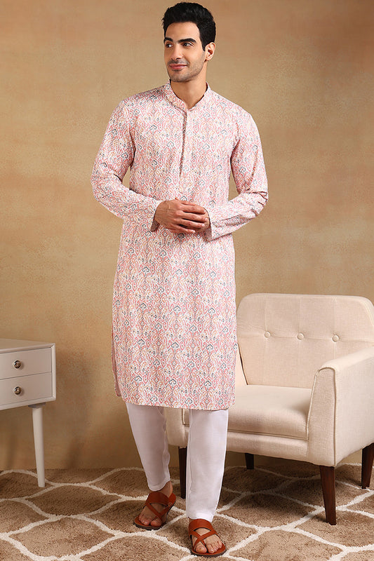 Ethnic Bay Peach Viscose Rayon Ethnic Motifs Embroidered Straight Kurta For Men MKU1004PCH