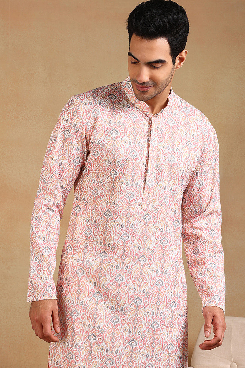 Ethnic Bay Peach Viscose Rayon Ethnic Motifs Embroidered Straight Kurta For Men MKU1004PCH