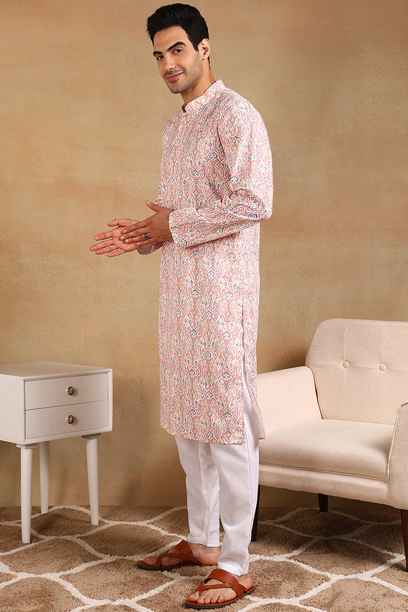 Ethnic Bay Peach Viscose Rayon Ethnic Motifs Embroidered Straight Kurta For Men MKU1004PCH