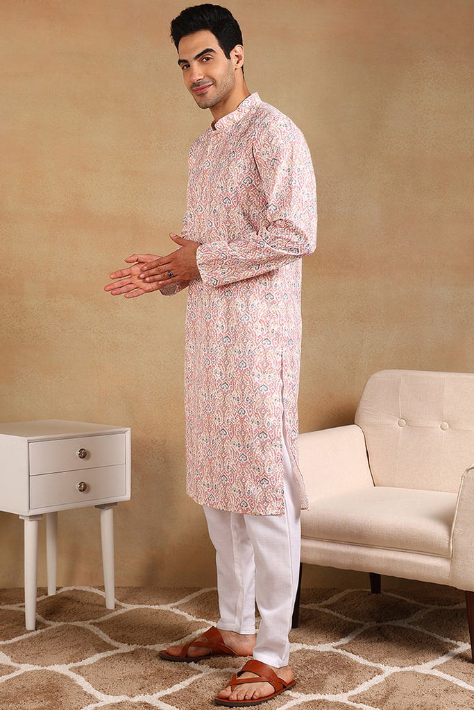 Ethnic Bay Peach Viscose Rayon Ethnic Motifs Embroidered Straight Kurta For Men MKU1004PCH