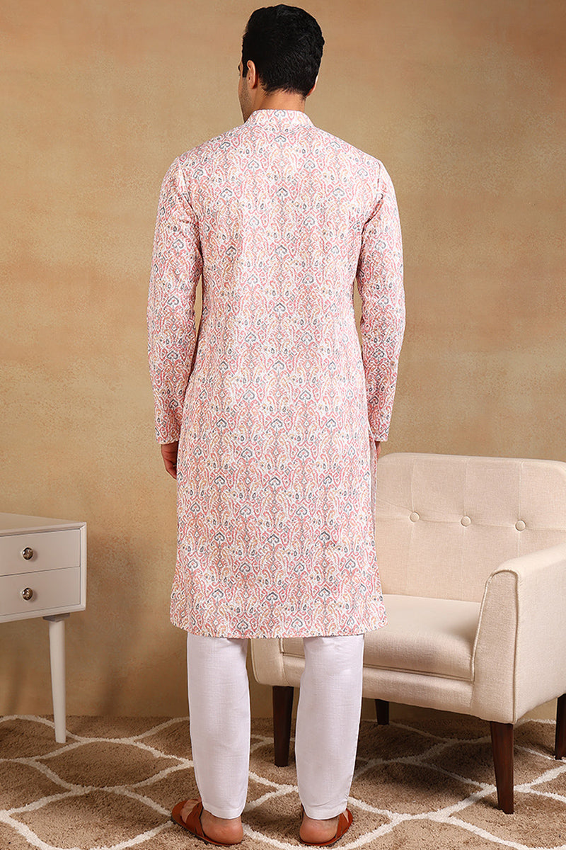 Ethnic Bay Peach Viscose Rayon Ethnic Motifs Embroidered Straight Kurta For Men MKU1004PCH