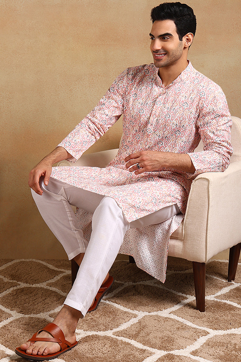 Ethnic Bay Peach Viscose Rayon Ethnic Motifs Embroidered Straight Kurta For Men MKU1004PCH