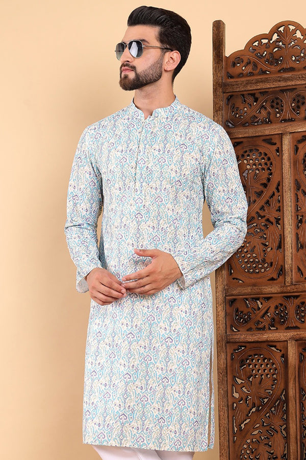 Ethnic Bay Teal Viscose Rayon Ethnic Motifs Embroidered Straight Kurta For Men MKU1004TIL