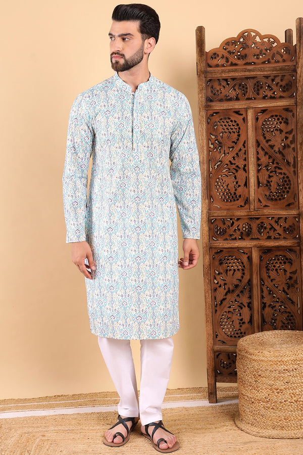 Ethnic Bay Teal Viscose Rayon Ethnic Motifs Embroidered Straight Kurta For Men MKU1004TIL
