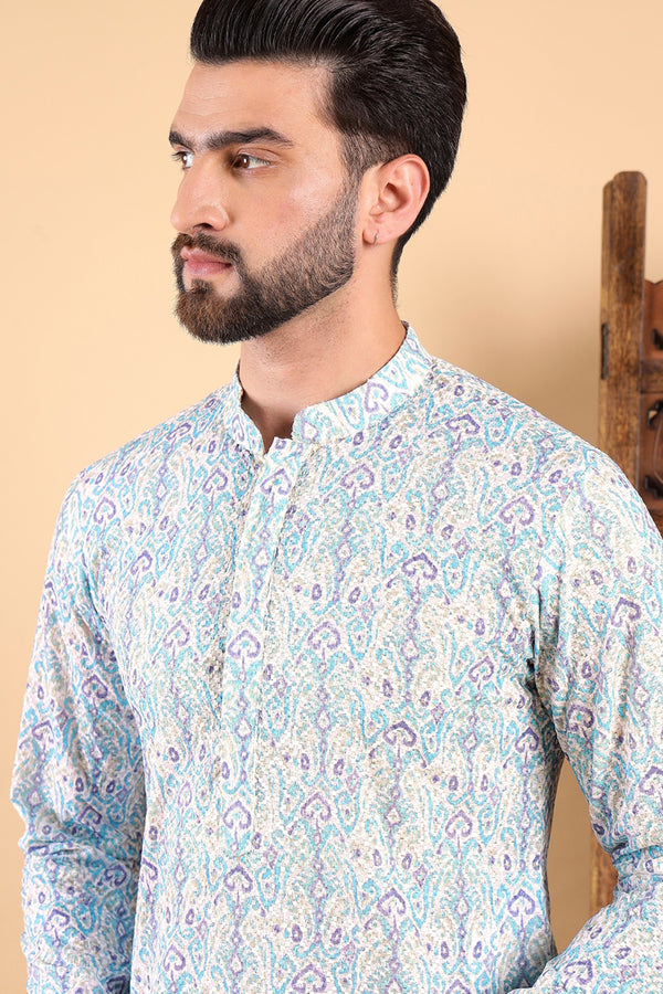 Ethnic Bay Teal Viscose Rayon Ethnic Motifs Embroidered Straight Kurta For Men MKU1004TIL