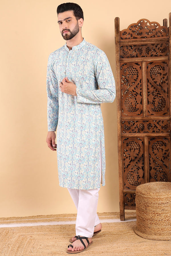 Ethnic Bay Teal Viscose Rayon Ethnic Motifs Embroidered Straight Kurta For Men MKU1004TIL
