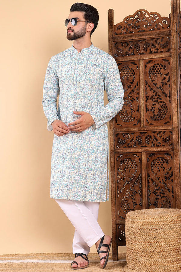 Ethnic Bay Teal Viscose Rayon Ethnic Motifs Embroidered Straight Kurta For Men MKU1004TIL