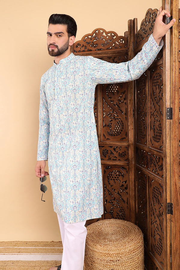 Ethnic Bay Teal Viscose Rayon Ethnic Motifs Embroidered Straight Kurta For Men MKU1004TIL