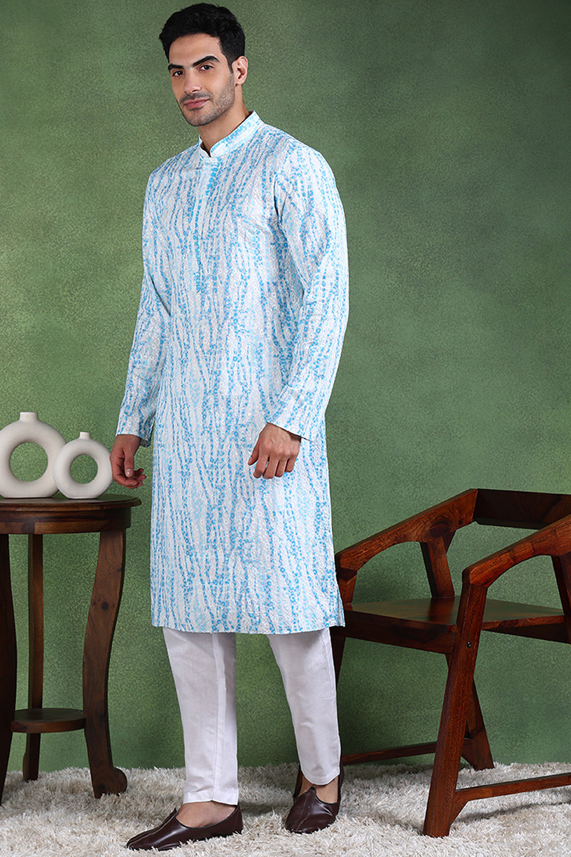 Ethnic Bay Blue Viscose Rayon Solid Embroidered Straight Kurta For Men MKU1006BLU