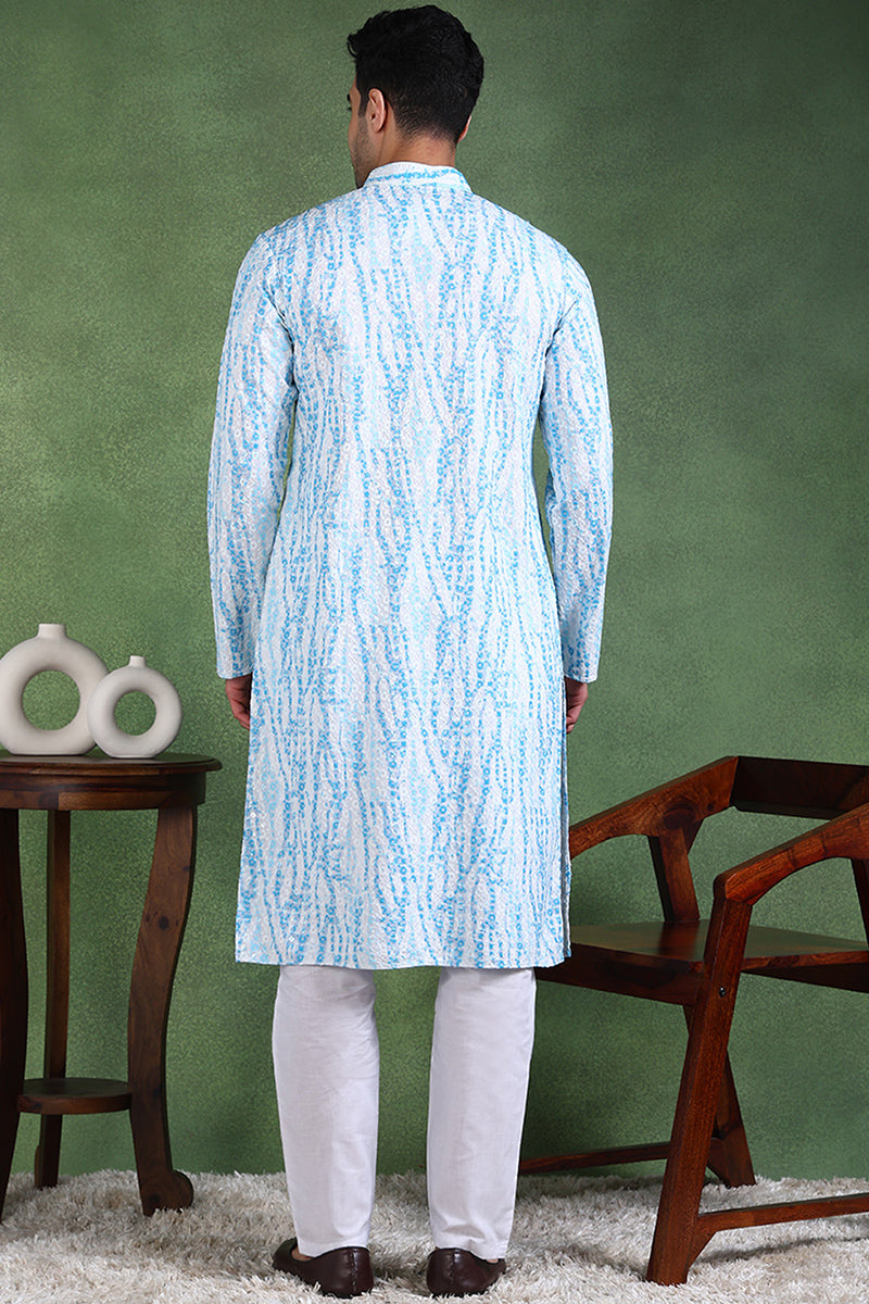 Ethnic Bay Blue Viscose Rayon Solid Embroidered Straight Kurta For Men MKU1006BLU