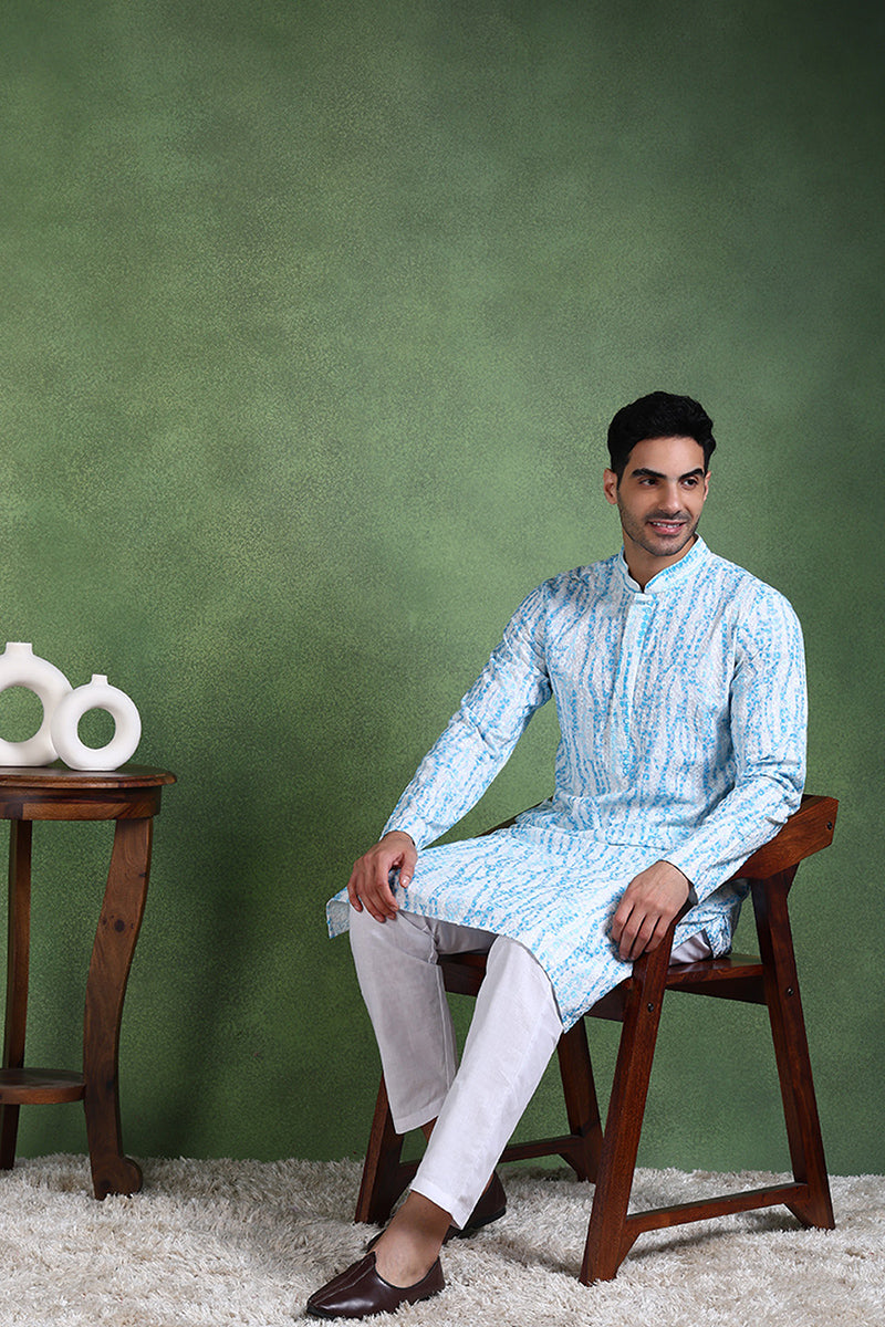 Ethnic Bay Blue Viscose Rayon Solid Embroidered Straight Kurta For Men MKU1006BLU