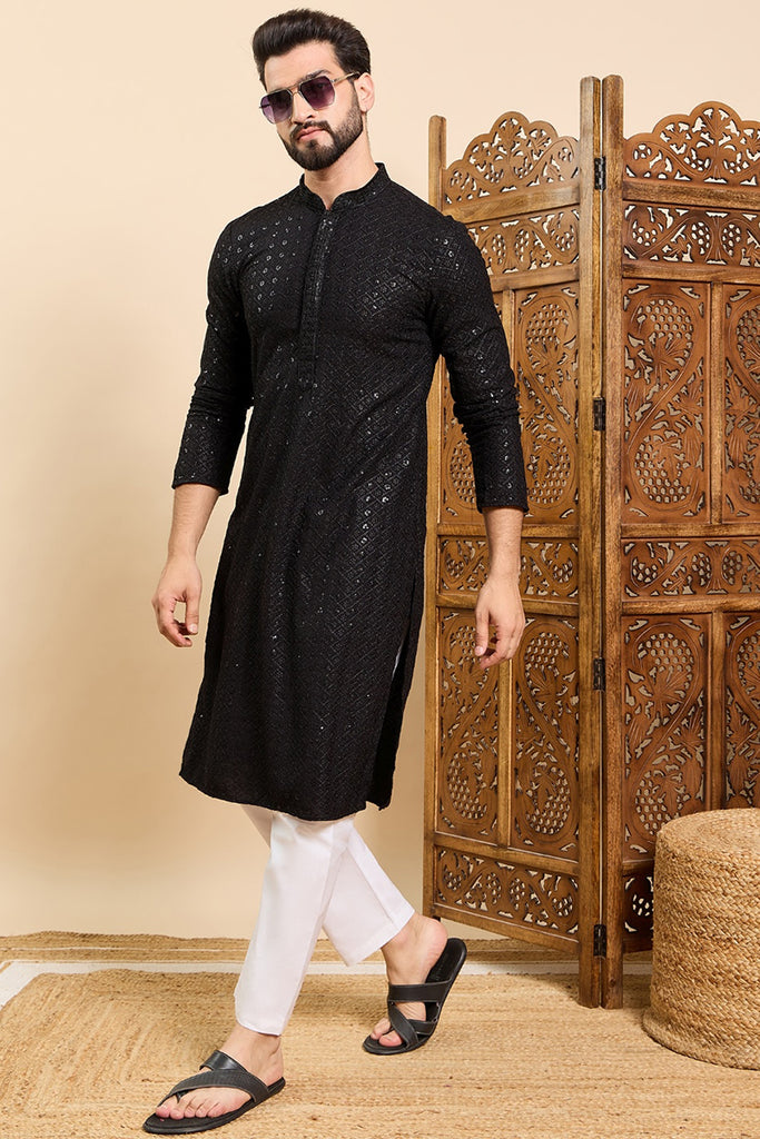 Ethnic Bay Black Viscose Rayon Solid Embroidered Ethnic Straight Sequins Kurta For Men MKU1007BLK