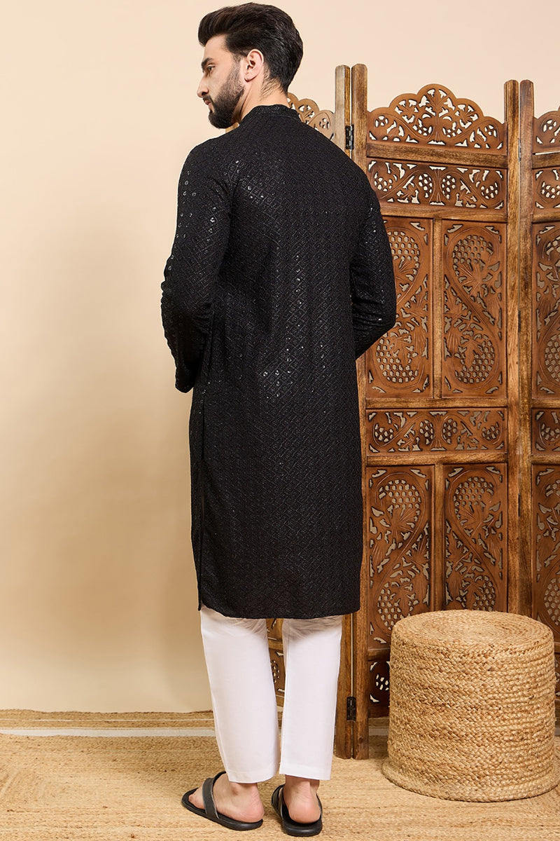 Ethnic Bay Black Viscose Rayon Solid Embroidered Ethnic Straight Sequins Kurta For Men MKU1007BLK