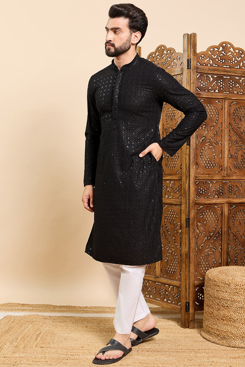 Ethnic Bay Black Viscose Rayon Solid Embroidered Ethnic Straight Sequins Kurta For Men MKU1007BLK