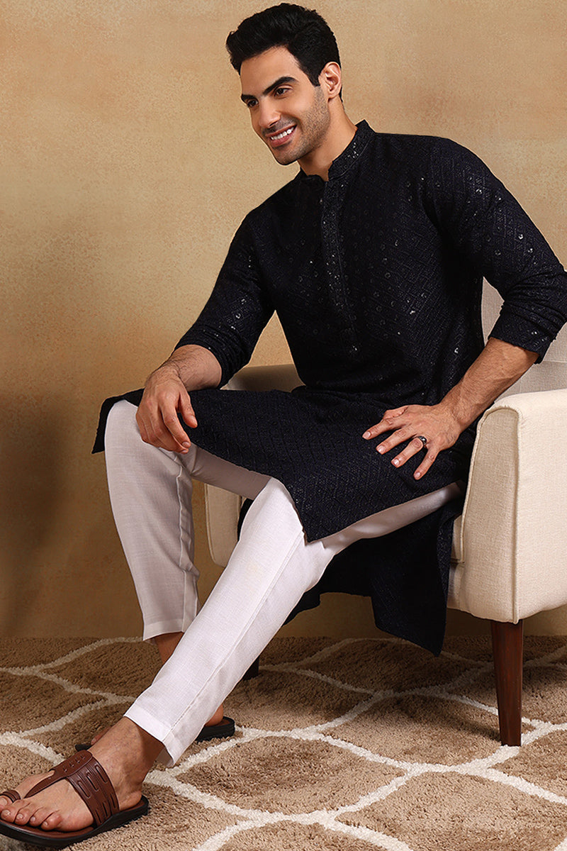 Ethnic Bay Navy Blue Viscose Rayon Solid Embroidered Straight Kurta For Men MKU1007BLU