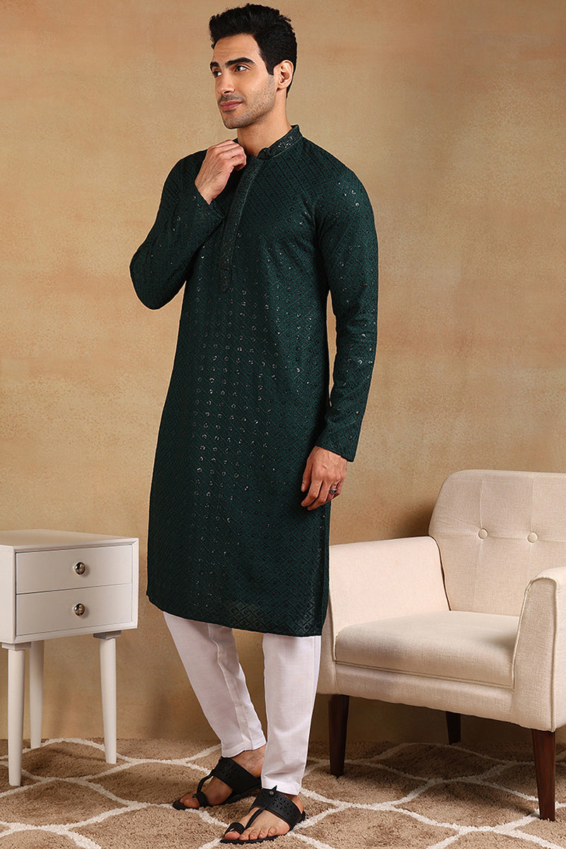 Ethnic Bay Green Viscose Rayon Solid Embroidered Straight Kurta For Men MKU1007GRN