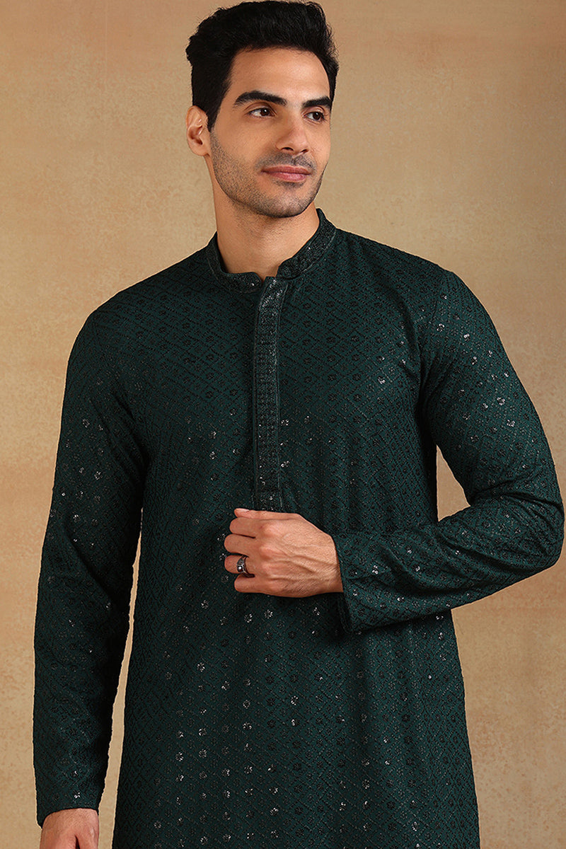 Ethnic Bay Green Viscose Rayon Solid Embroidered Straight Kurta For Men MKU1007GRN