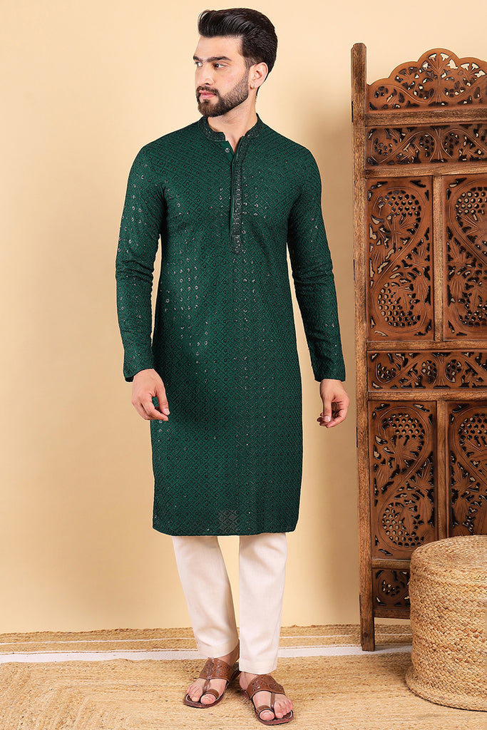 Ethnic Bay Green Viscose Rayon Solid Embroidered Straight Kurta For Men MKU1007GRN