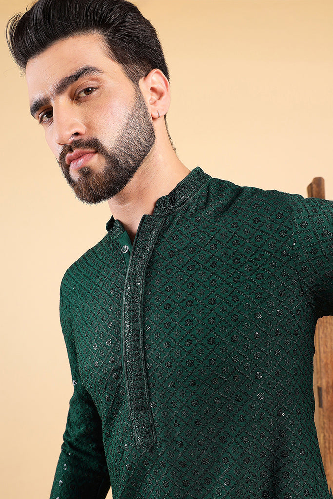 Ethnic Bay Green Viscose Rayon Solid Embroidered Straight Kurta For Men MKU1007GRN