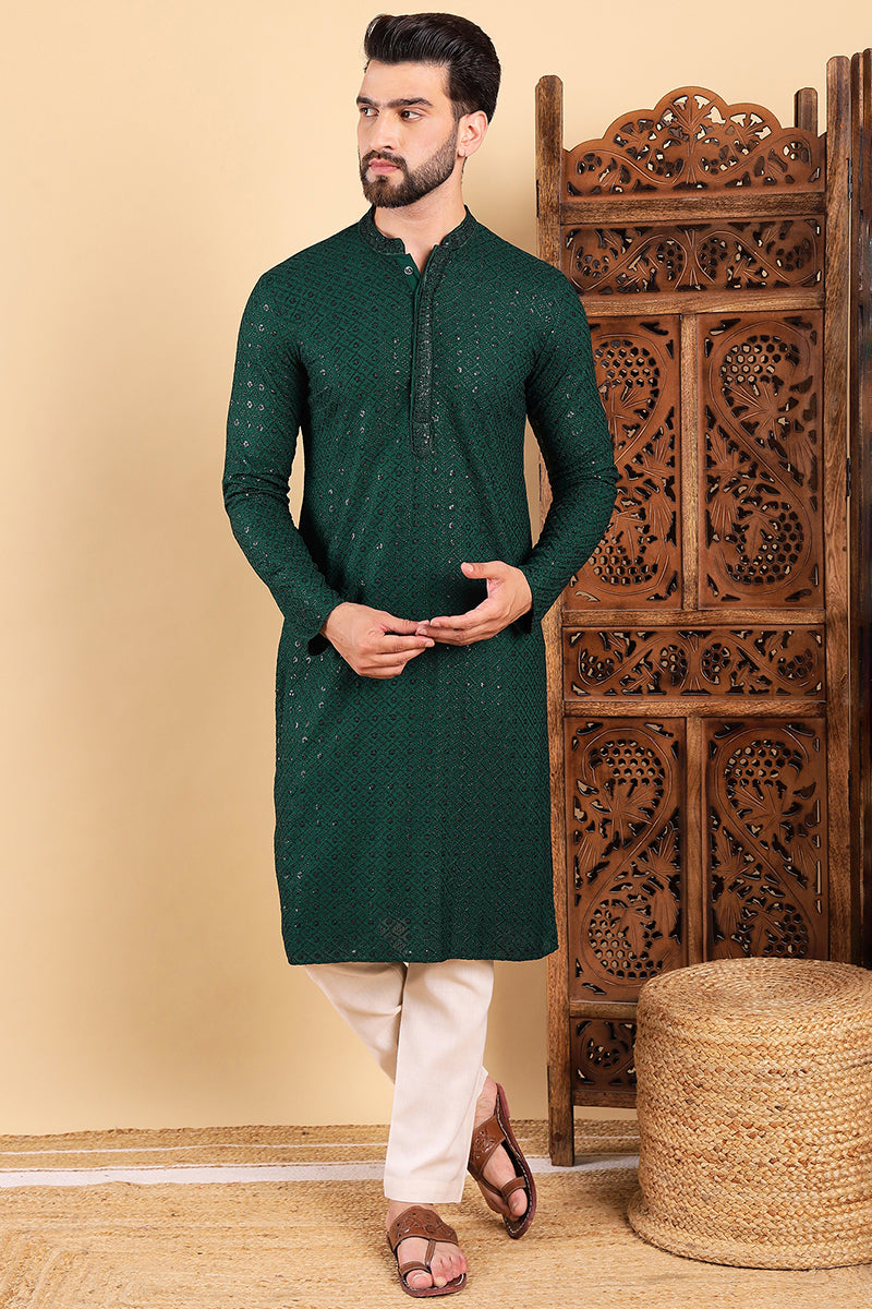 Ethnic Bay Green Viscose Rayon Solid Embroidered Straight Kurta For Men MKU1007GRN