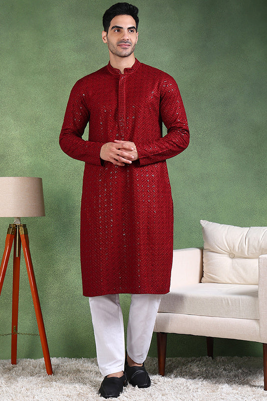 Ethnic Bay Maroon Viscose Rayon Solid Embroidered Straight Kurta For Men MKU1007MRN