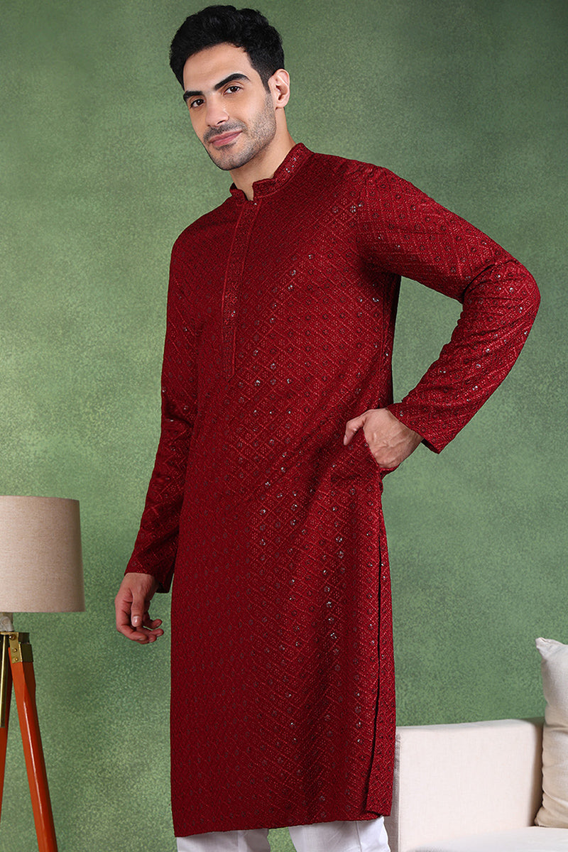 Ethnic Bay Maroon Viscose Rayon Solid Embroidered Straight Kurta For Men MKU1007MRN