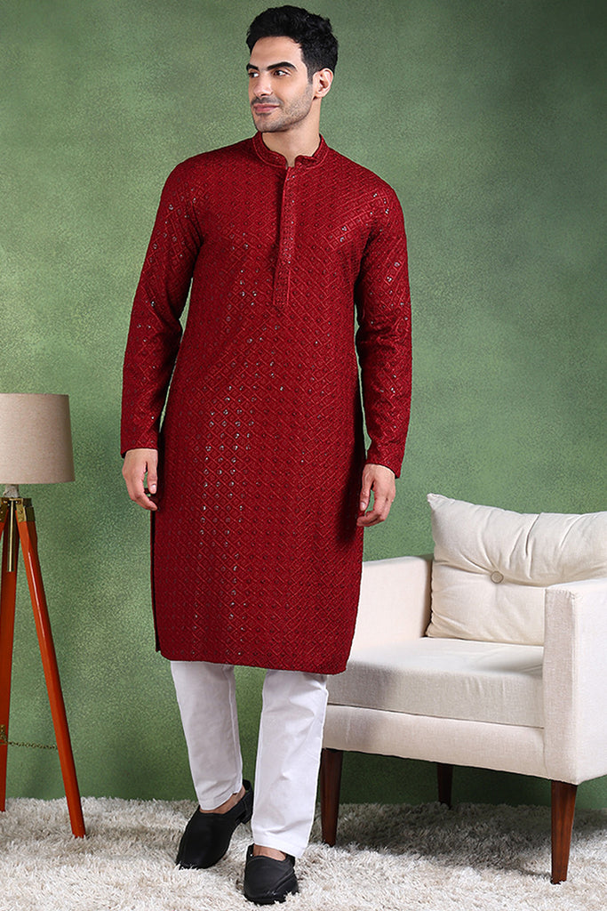 Ethnic Bay Maroon Viscose Rayon Solid Embroidered Straight Kurta For Men MKU1007MRN