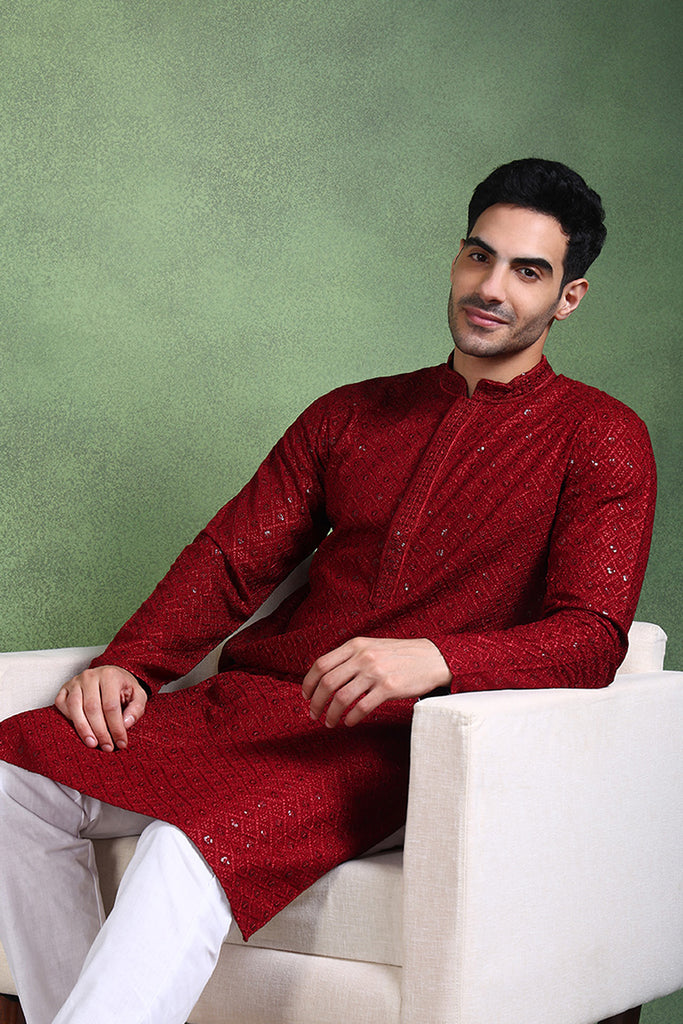 Ethnic Bay Maroon Viscose Rayon Solid Embroidered Straight Kurta For Men MKU1007MRN