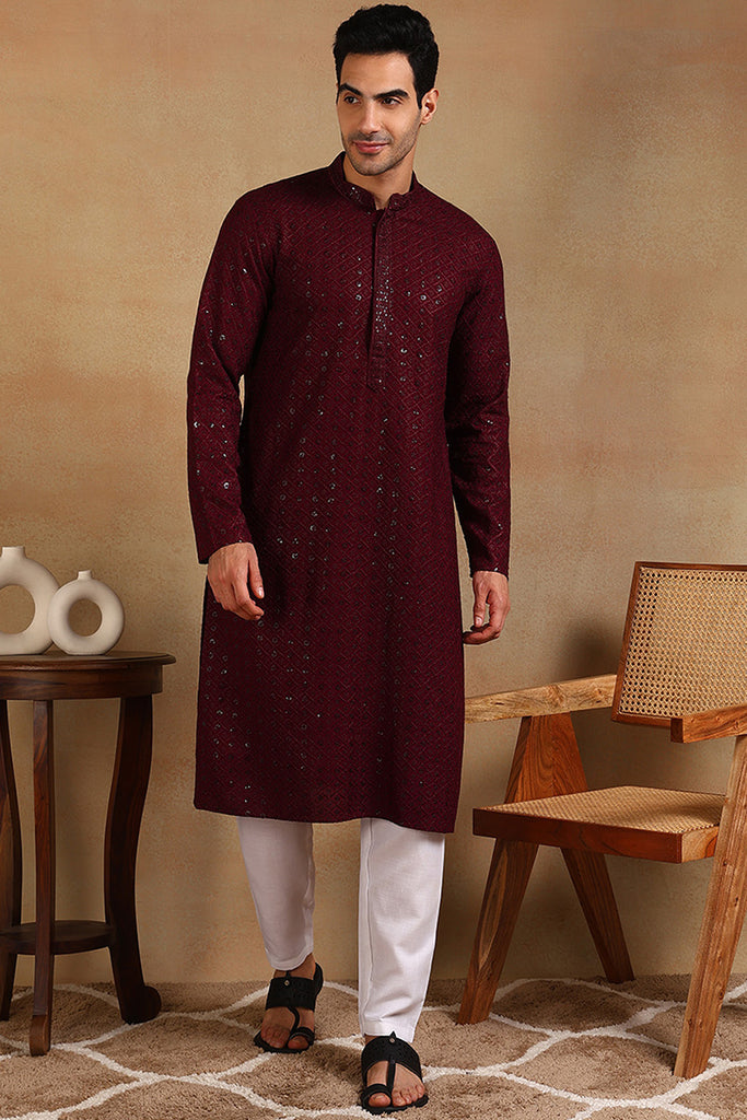 Ethnic Bay Wine Viscose Rayon Solid Embroidered Straight Kurta For Men MKU1007WIN