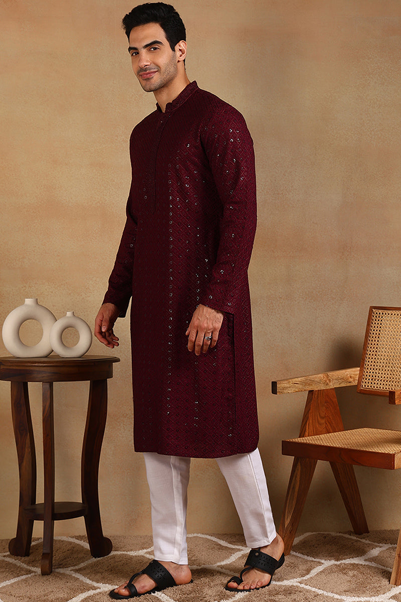 Ethnic Bay Wine Viscose Rayon Solid Embroidered Straight Kurta For Men MKU1007WIN