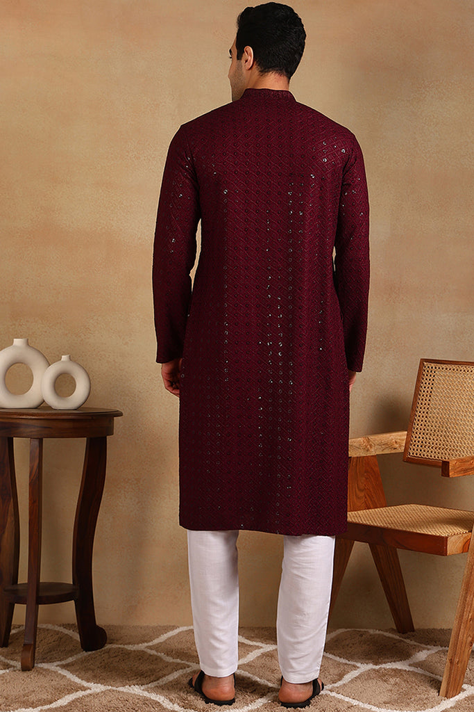 Ethnic Bay Wine Viscose Rayon Solid Embroidered Straight Kurta For Men MKU1007WIN