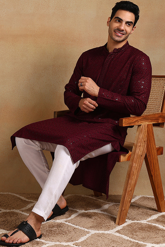 Ethnic Bay Wine Viscose Rayon Solid Embroidered Straight Kurta For Men MKU1007WIN