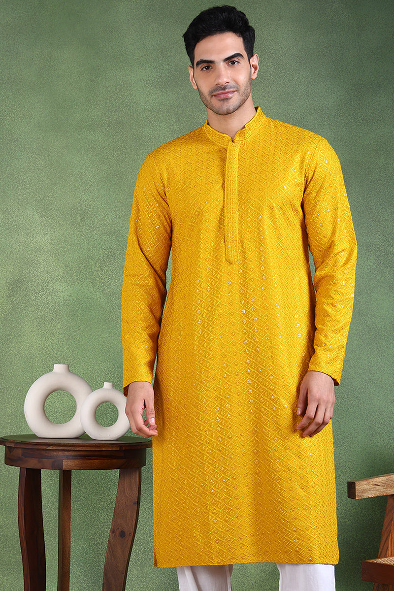 Ethnic Bay Mustard Viscose Rayon Solid Embroidered Straight Kurta For Men MKU1007YLW